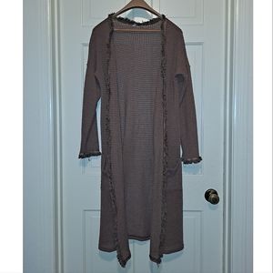 Brown knit cardigan long sleeve fringe trim size small